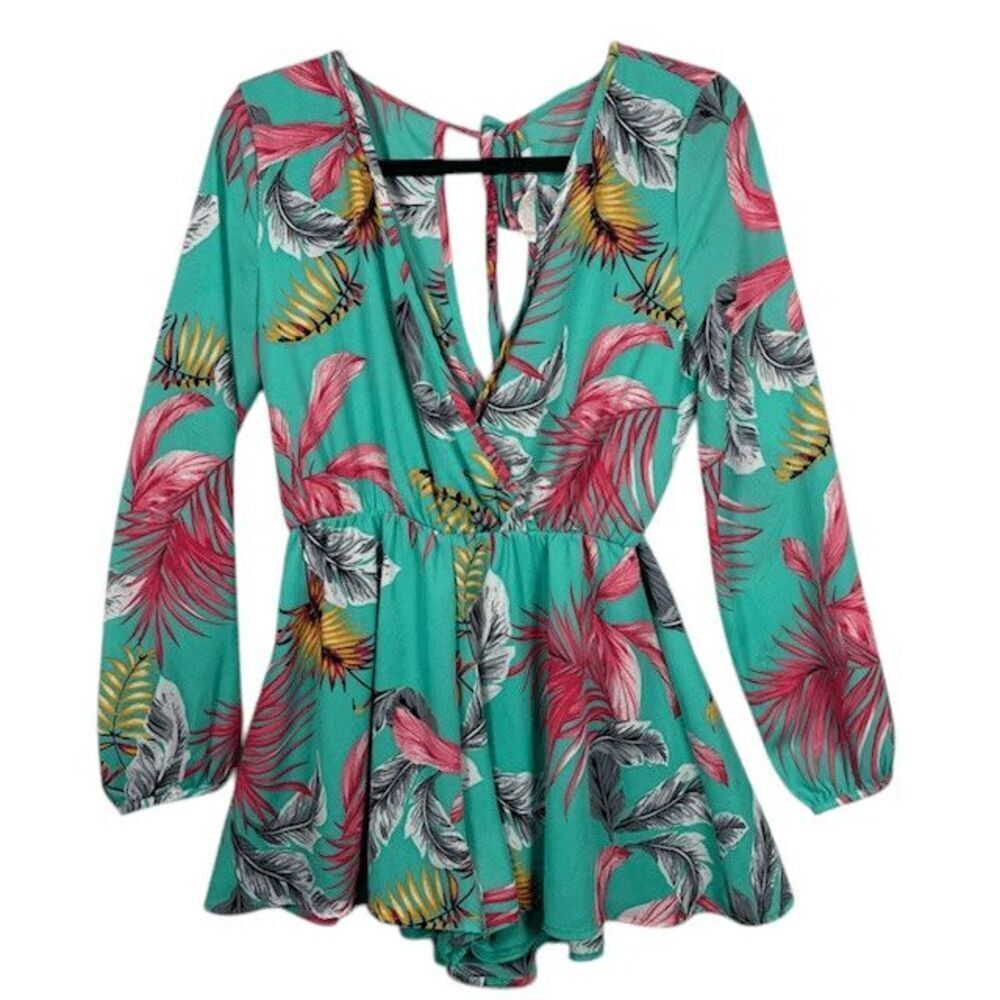Peach‎ Love California Tropical Floral Romper Ruffle Tie Back Teal Green Medium